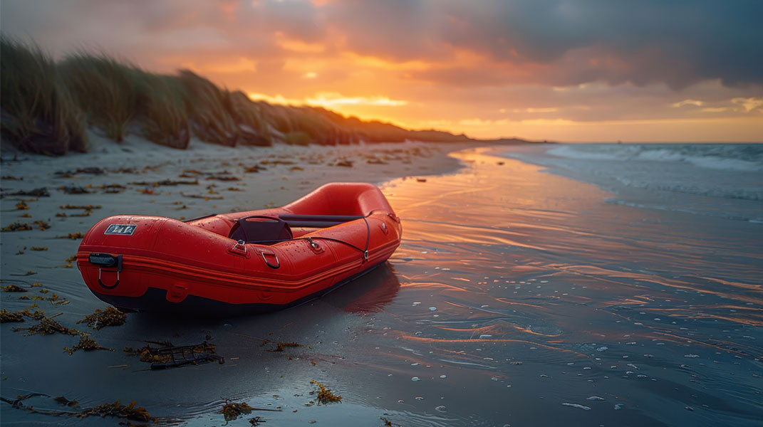 Aufblasbares Kanu am Ufer bei Sonnenuntergang
