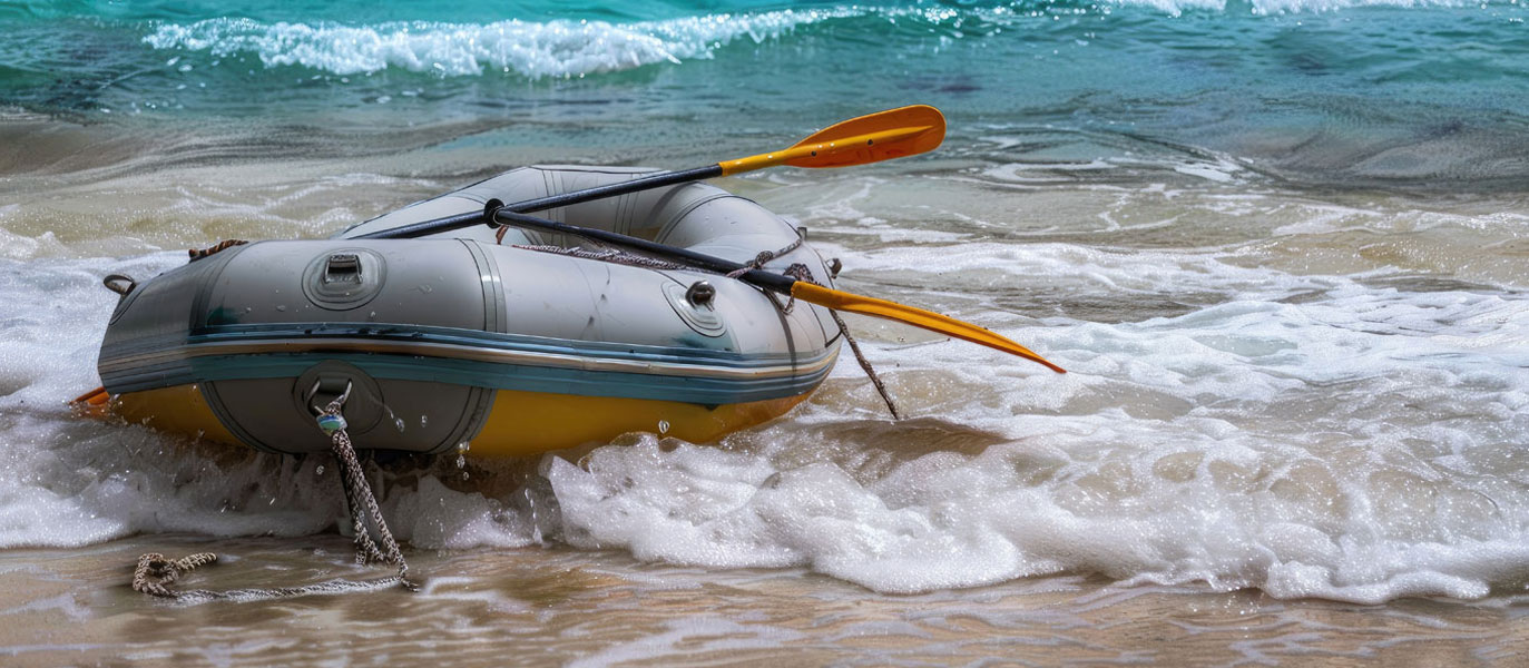 Schlauchboot am Ufer in den Wellen