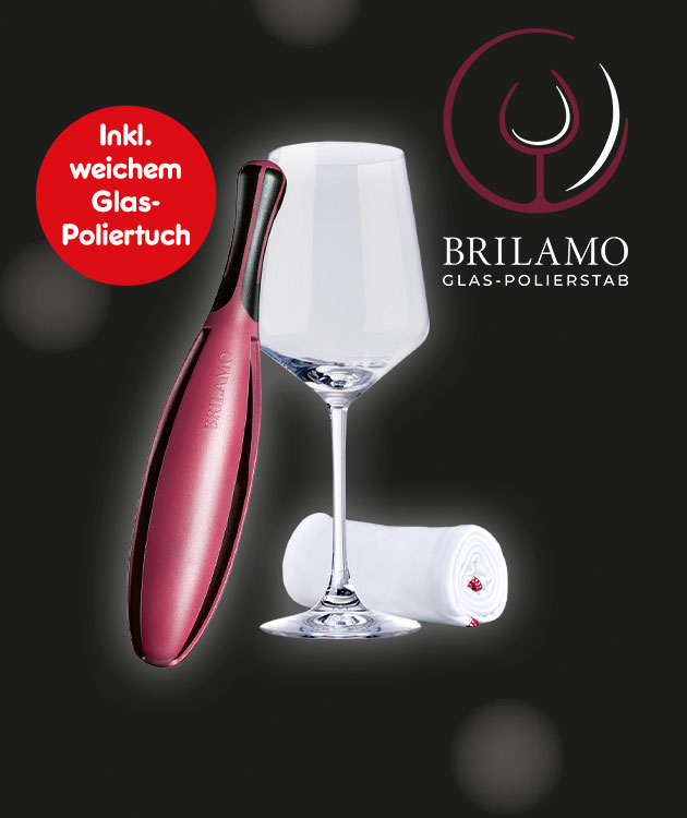 Glas-Polierstab und Weinglas mit Poliertuch, Brilamo-Logo im Hintergrund.