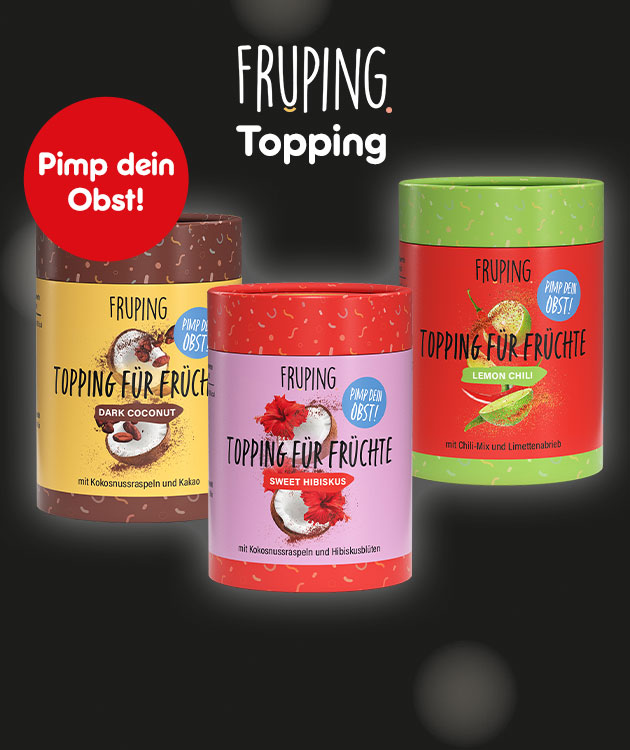 Topping f&uuml;r Fr&uuml;chte in drei Geschmacksrichtungen: Dark Coconut, Sweet Hibiskus und Lemon Chili, mit Fruping-Logo.