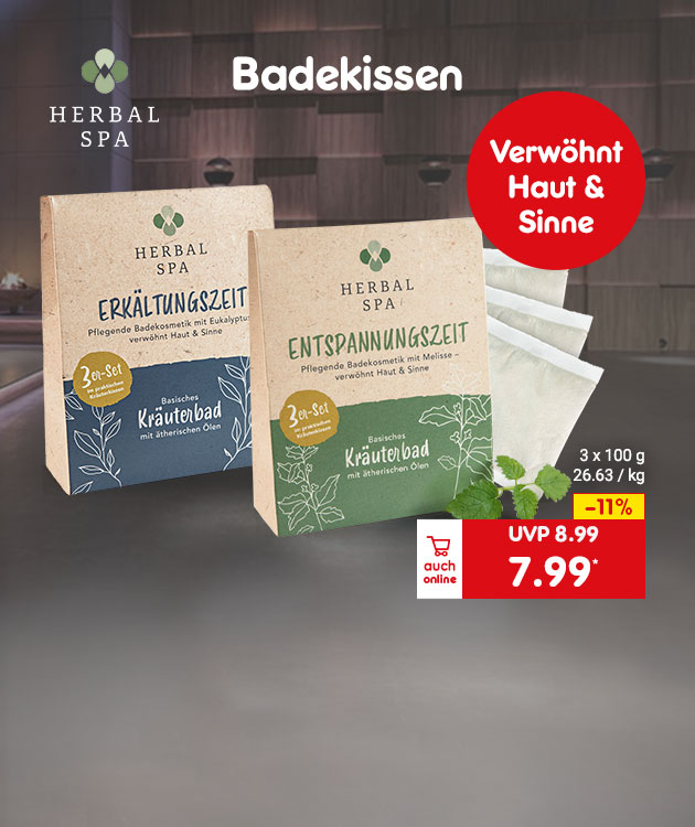 Herbal Spa Badekissen-Set f&uuml;r Erk&auml;ltungs- und Entspannungszeit, pflegende Kr&auml;uterkosmetik mit &auml;therischen &Ouml;len, aktuell online erh&auml;ltlich mit 11% Rabatt f&uuml;r 7,99 Euro anstatt 8,99 Euro.