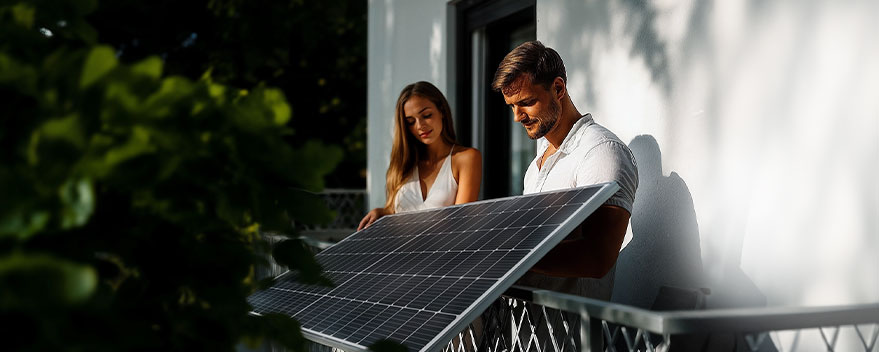 Paar installiert Solarpanel auf dem Balkon f&uuml;r umweltfreundliche Energie
