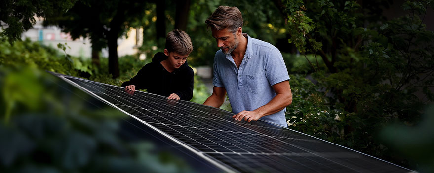 Erwachsener und Kind begutachten Solarpanel im Garten f&uuml;r umweltfreundliche Energie