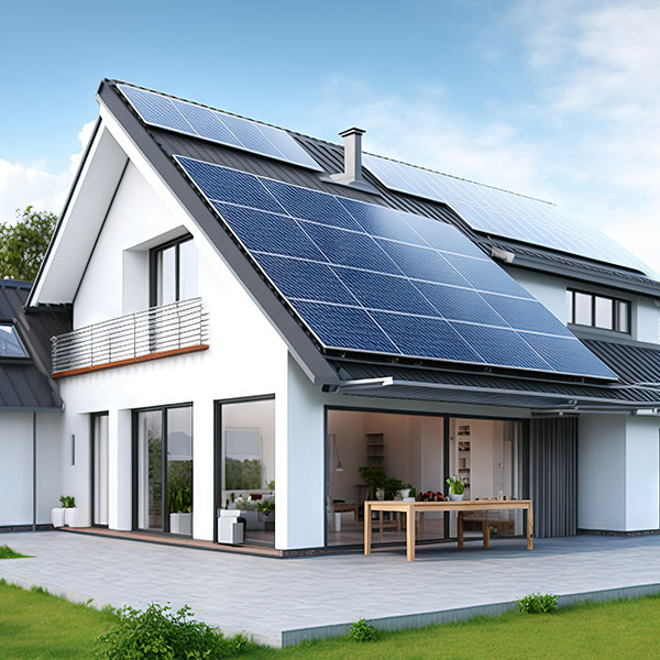 Modernes Haus mit großflächiger Solaranlage auf dem Dach