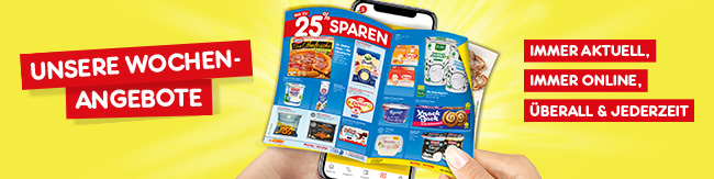 Prospekt mit Wochenangeboten von Netto Online auf einem Smartphone, gehalten von zwei Händen, mit gelbem Hintergrund und roten Aktionshinweisen