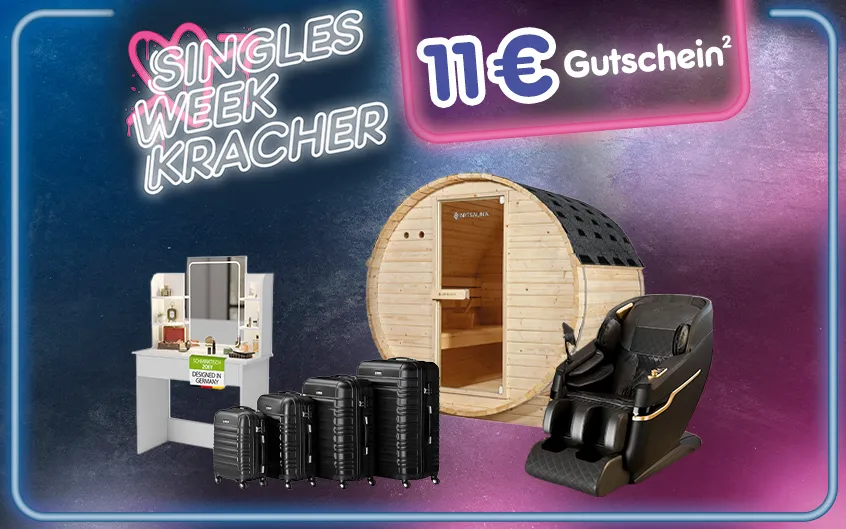 Singles Week Kracher mit 11 Euro Gutschein ab 100 Euro Mindestbestelltwert, mit Hochzahl 2 als Hinweis auf Rechtstext 