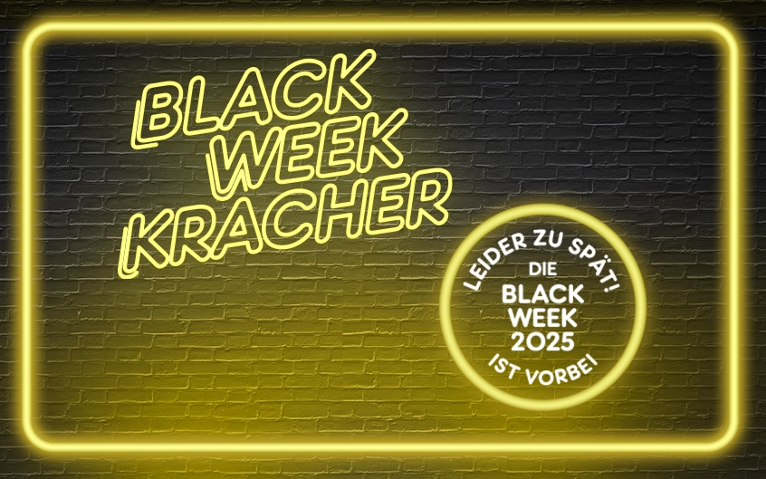 Black Week Kracher Hinweis "Leider zu sp&auml;t! Die Black Week 2025 ist vorbei" auf gelbem Hintergrund