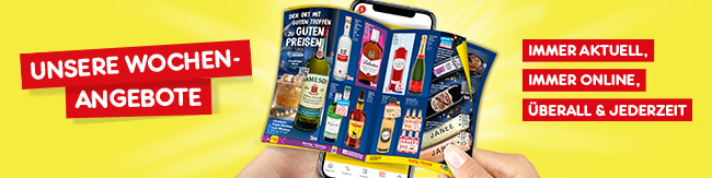 Prospekt mit Wochenangeboten von Netto Online auf einem Smartphone, gehalten von zwei H&auml;nden, mit gelbem Hintergrund und roten Aktionshinweisen