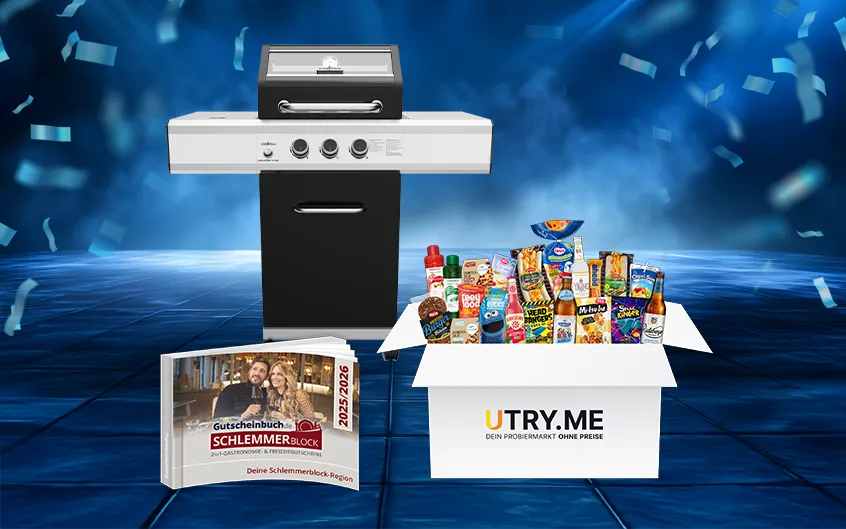 Gewinnspielpreise, darunter ein schwarzer Grill, eine Box mit verschiedenen Lebensmitteln der Marke UTRY.ME und ein Schlemmerblock-Gutschein. Der Hintergrund ist in Blaut&ouml;nen gehalten.