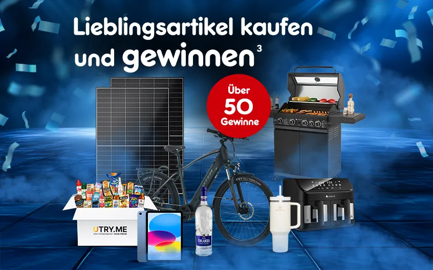 Gewinnspiel mit verschiedenen Preisen, darunter ein Solarpanel, ein Fahrrad, ein Grill, eine Getr&auml;nkebox, eine Flasche und ein Toaster. Der Text auf dem Bild liest 'Lieblingsartikel kaufen und gewinnen' mit einem Hinweis auf einen Rechtstext und auf &uuml;ber 50 Gewinne.