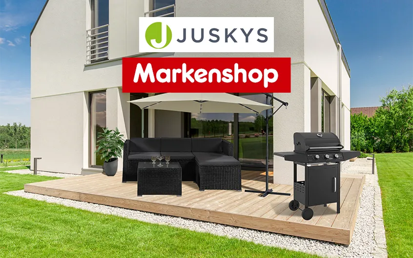 Juskys Gartenmöbel mit Ampelschirm und Gasgrill auf moderner Terrasse
