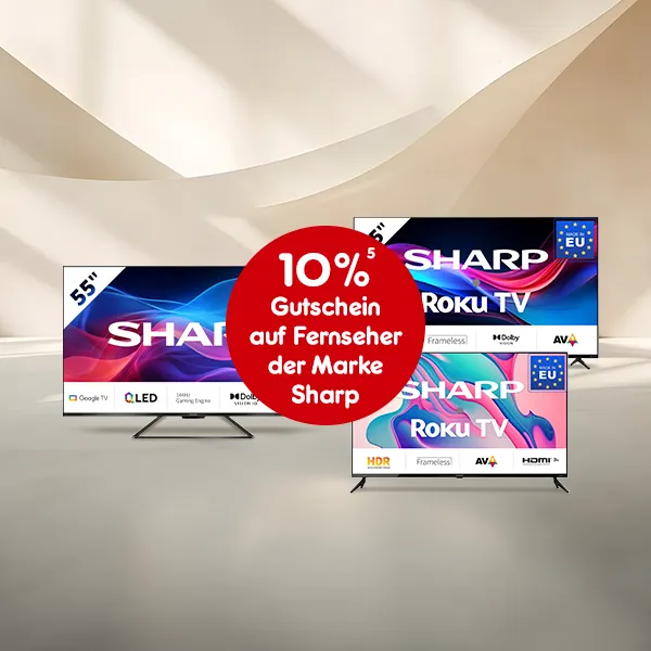 10 Prozent Gutschein auf Fernseher der Marke Sharp bei Netto Online mit hochzahl 5 die auf rechtliche Hinweise verweist.