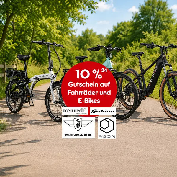 10% Rabatt auf Fahrr&auml;der & E-Bikes bei Netto Online mit Hochzahl 24, die auf rechtliche Hinweise verweist.