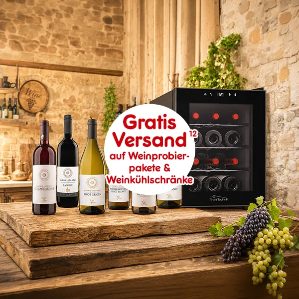 Gratis Verand auf Weinprobierpakete und Weink&uuml;hlschr&auml;nke bei Netto Online Hinweis auf Rechtstext mit Zahl 12.