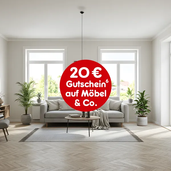 20&euro; Gutschein auf M&ouml;bel bei Netto-Online, mit Hochzahl 6 die auf rechtliche Hinweise verweist.