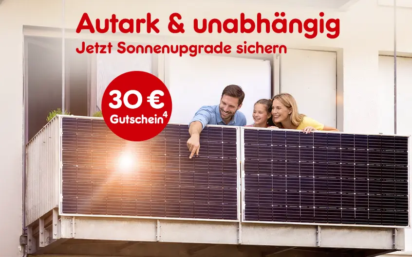30&euro; Gutschein auf Balkonkraftwerke und Solaranlagen. Jetzt Upgrade sichern bei Netto Online, mit Hochzahl 4 die auf rechtliche Hinweise verweist.