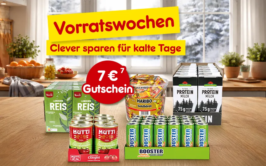 Vorratswochen Clever sparen f&uuml;r kalte Tage - 7&euro; Gutschein bei Netto Online mit Hochzahl 7 die auf rechtliche Hinweise verweist.