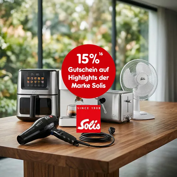 15% Gutschein - auf Highlights der Marke Solis Bei Netto Online mit Hochzahl 16, die auf rechtliche Hinweise verweist.