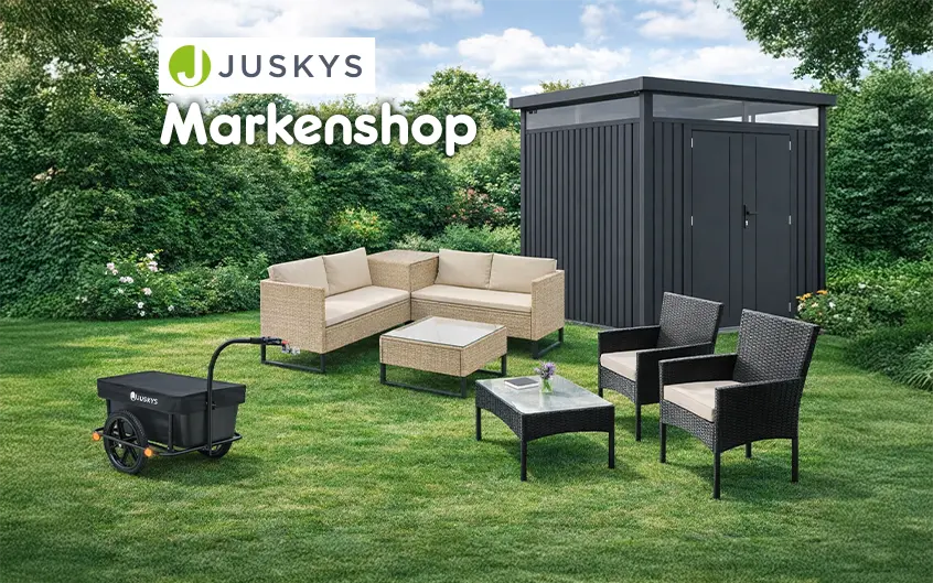 Juskys Gartenm&ouml;bel mit Lounge und M&uuml;llhaus auf moderner Terrasse
