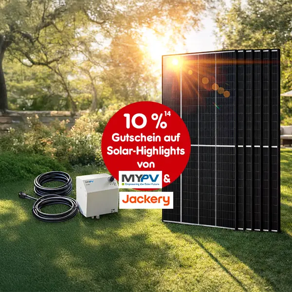 10% Gutschein auf Solar-Highlights von MYPV und Jackery bei Netto Online mit Hochzahl 14 die auf rechtliche Hinweise verweist.