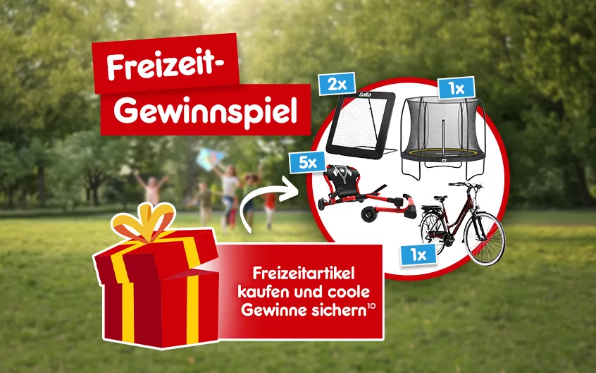 Freizeitgewinnspiel: Freizeitartikel kaufen und coole Gewinne sichern bei Netto-Online mit Hochzahl 10, die auf rechtliche Hinweise verweist.
