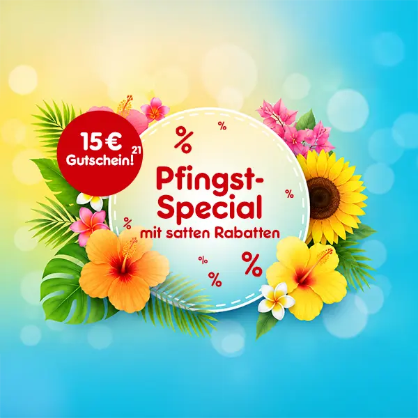 Jetzt Pfingsttage nutzen und extra sparen. Hol dir deinen 15 &euro; Gutschein ab 200 &euro; Einkaufswert im Netto Online-Shop mit Hochzahl 21 die auf rechtliche Hinweise verweist