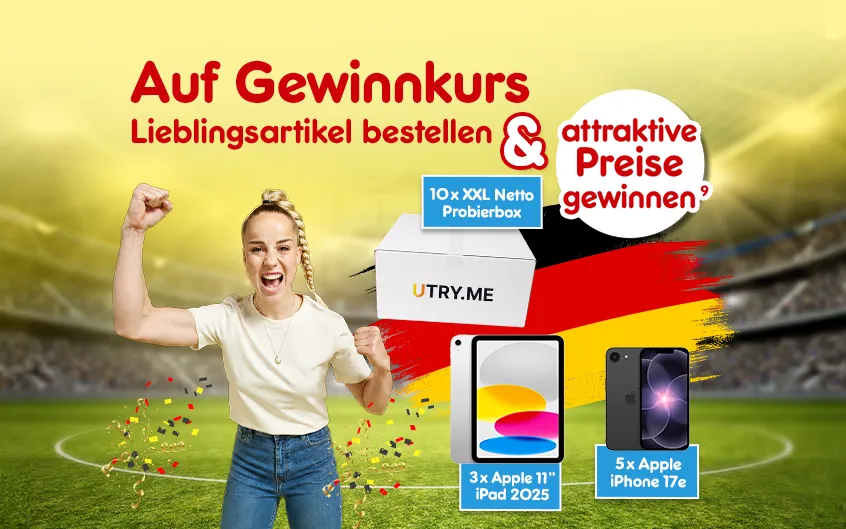 Werbegrafik in Gelb-Rot mit einer jubelnden Giulia Gwinn auf einem Sportplatz. Text: &bdquo;Auf Gewinnkurs Lieblingsartikel bestellen & attraktive Preise gewinnen&ldquo;. Abgebildet sind eine &bdquo;10x XXL Netto Probierbox&ldquo;, &bdquo;5x Apple iPhone 17e&ldquo; und &bdquo;3x Apple 11" iPad 2025&ldquo;. 