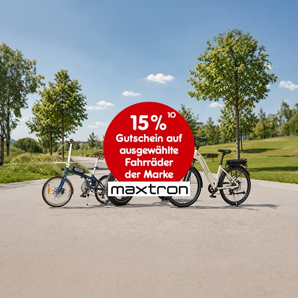 15% Rabatt auf alle ausgew&auml;hlte Fahrr&auml;der der Marke maxtron bei Netto Online mit Hochzahl 10, die auf rechtliche Hinweise verweist.