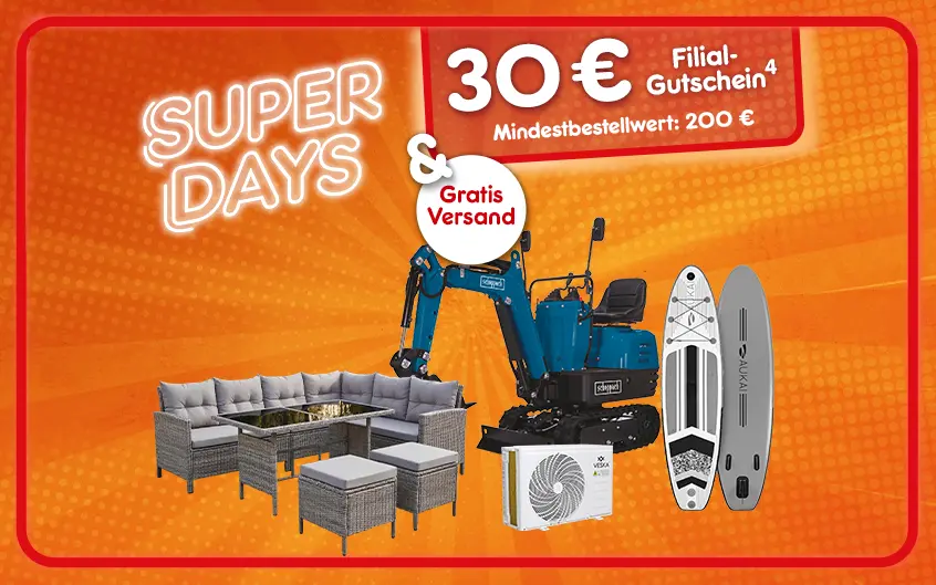 Super Days mit 30 Euro Filial Gutschein und Mindestbestellwert von 200 Euro und gratis Versand bei Netto Online mit Hochzahl 4 als Hinweis auf Rechtstext