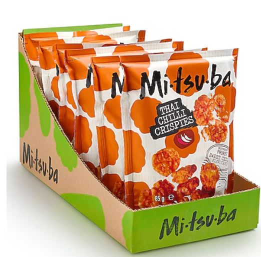Packung Mitsuba Thai Chilli Crispies in Displaybox, würzig-knuspriger Snack