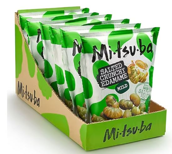 Packung Mitsuba Salted Crunchy Edamame in Displaybox, gesalzene, knusprige Edamame