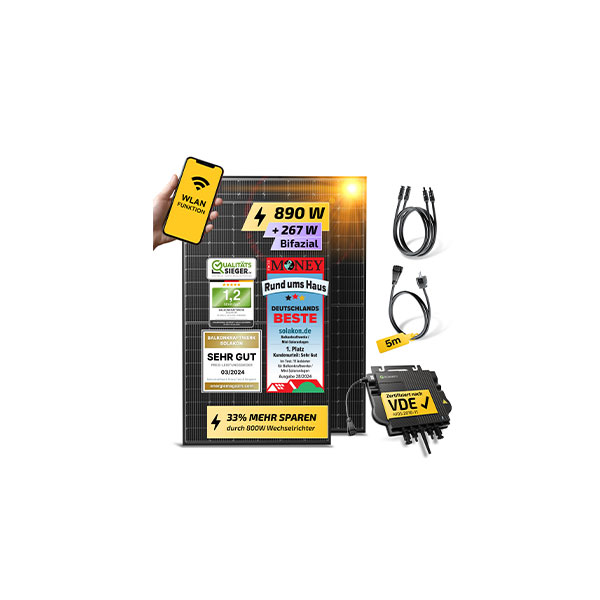 Solakon Balkonkraftwerk mit Solarmodul, Kabel und Inverter, 890 W Leistung, Auszeichnungen hervorgehoben