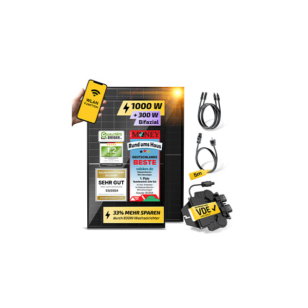 Solakon 1000 W Balkonkraftwerk mit Solarmodul, Kabel und Inverter, Testsiegel und Auszeichnungen
