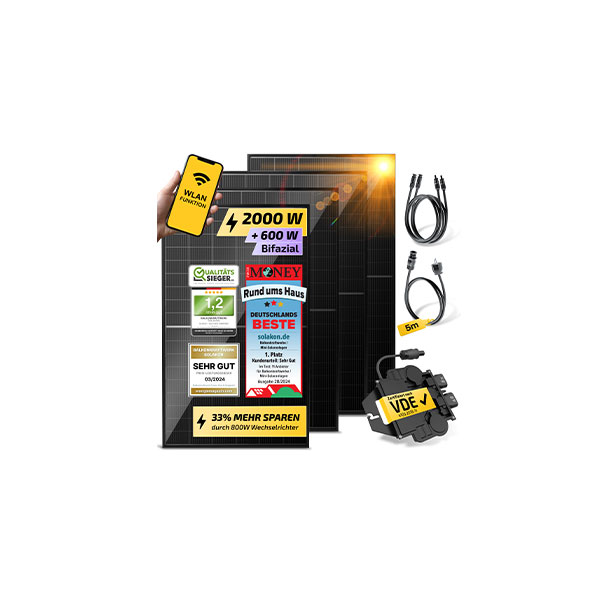 Solakon 2000 W Balkonkraftwerk mit zwei Solarmodulen, Kabel, Inverter und Testsiegeln