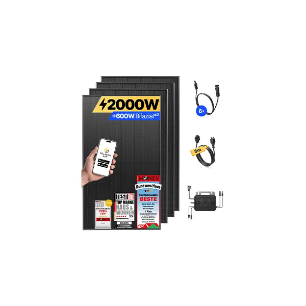 Solakon 2000 W Balkonkraftwerk mit Solarmodulen, Kabel, Inverter und Testsiegeln