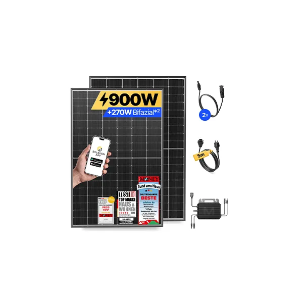 Solakon Balkonkraftwerk mit Solarmodul, Kabel und Inverter, 900 W Leistung, Auszeichnungen hervorgehoben