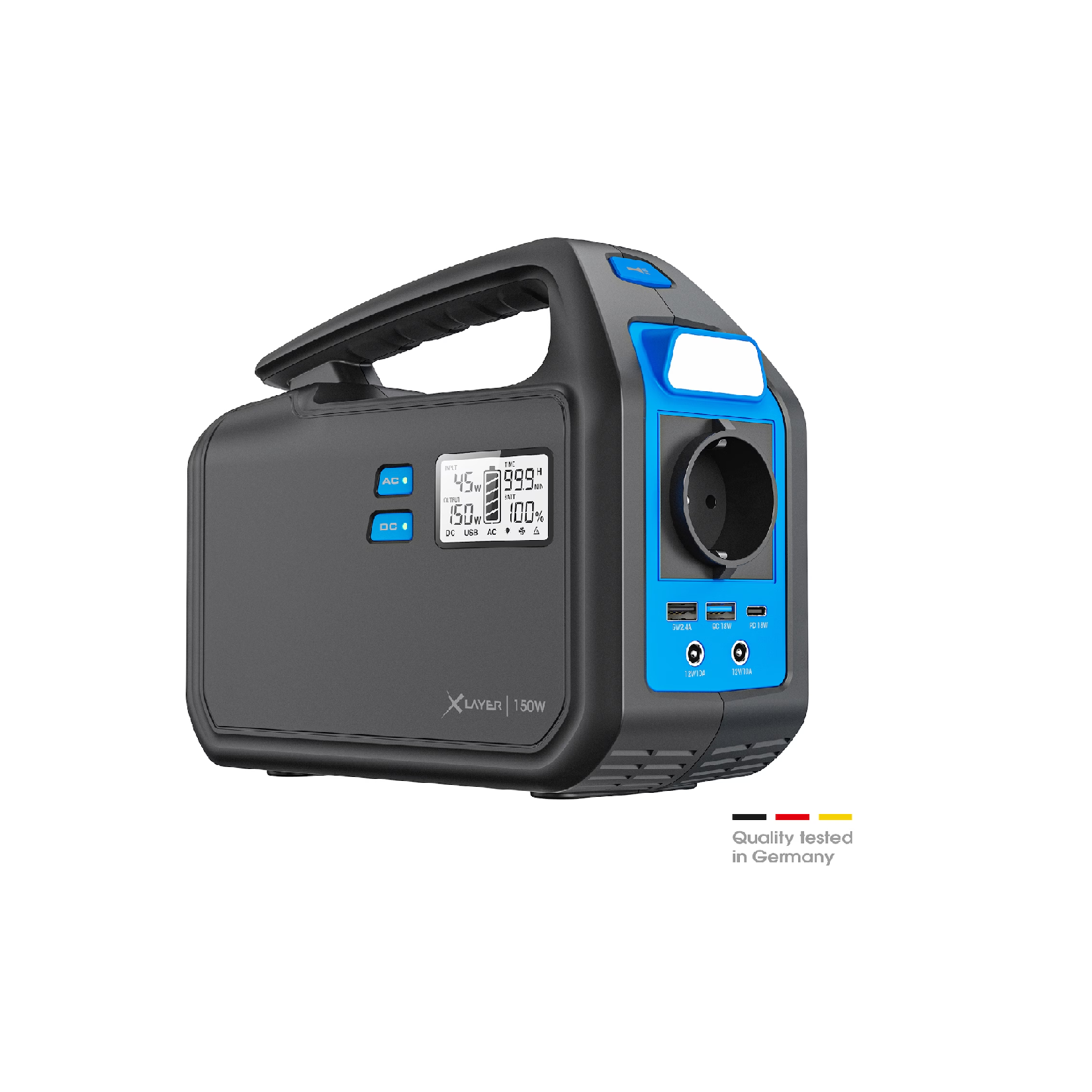 Kompakte tragbare Powerstation mit Display und verschiedenen Anschlüssen, Qualitätssiegel „Quality tested in Germany“