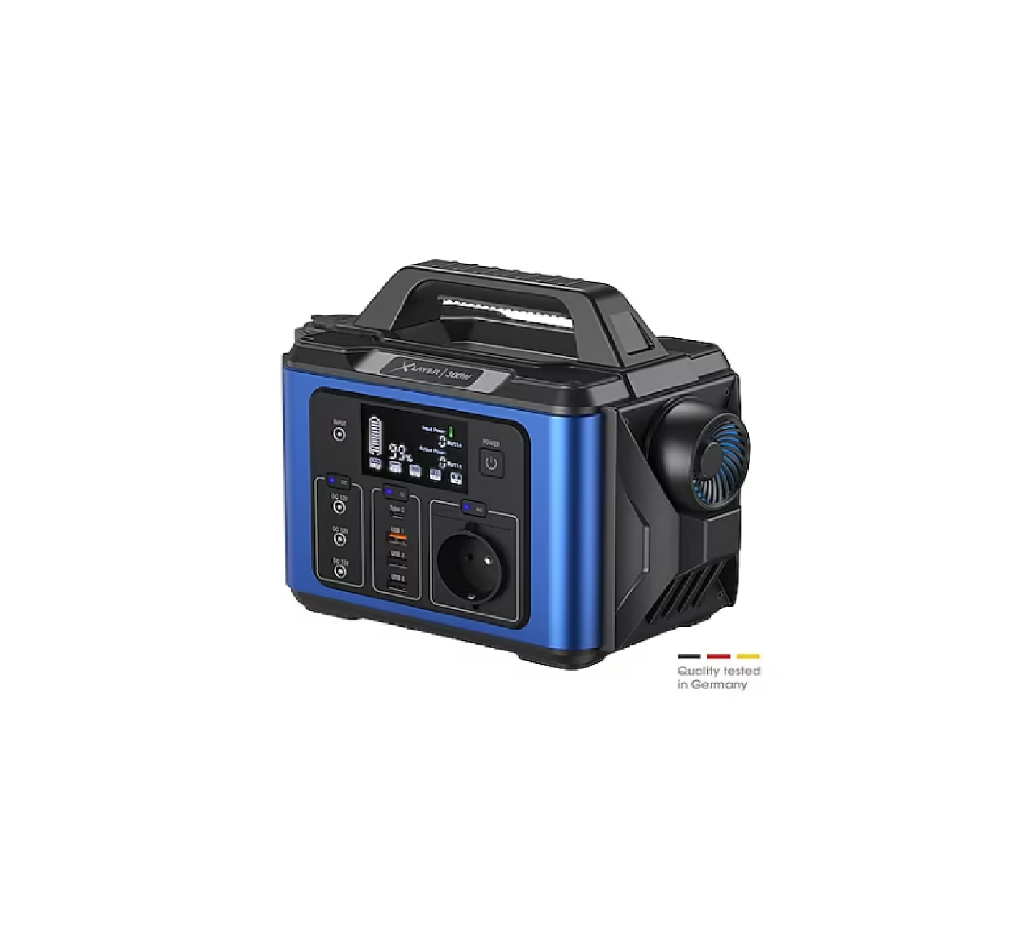 Tragbare Powerstation in Blau mit Display und mehreren Anschlüssen, Qualitätssiegel „Quality tested in Germany“