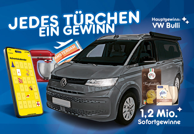 Werbegrafik zum Netto Adventskalender mit dem Hauptgewinn VW Bulli, digitalen Türchen auf dem Smartphone und Hinweis auf 1,2 Millionen Sofortgewinne.