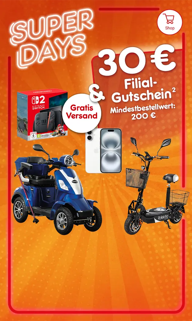 Superdays mit 30&euro; Filialgutschein ab 200&euro; Mindestbestellwert und gratis Versand bei Netto Online mit Hochzahl 2 verweisend auf Rechtstext