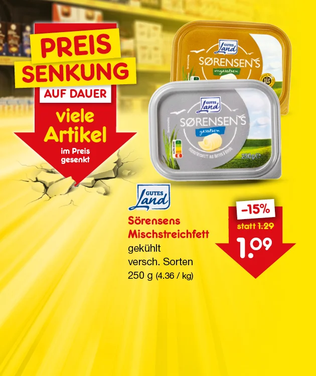 Bild zeigt eine Auswahl von Produkten vor einem gelben Hintergrund. Oben steht der Text "DIE GRÖSSTE PREISSENKUNG ALLER ZEITEN? WIR SIND DABEI! Über 500 Artikel im Preis gesenkt!". Zu sehen sind eine Flasche Rotwein, eine Packung Spargel, Müsli, Schokolade und weitere Lebensmittel. Unten befindet sich ein Button mit der Aufschrift "Preisgesenkte Angebote entdecken".