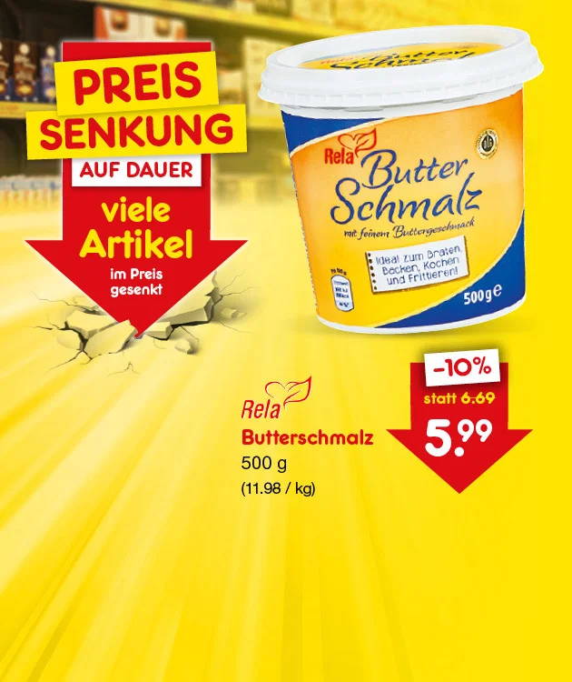 Bild zeigt eine Auswahl von Produkten vor einem gelben Hintergrund. Oben steht der Text "DIE GR&Ouml;SSTE PREISSENKUNG ALLER ZEITEN? WIR SIND DABEI! &Uuml;ber 500 Artikel im Preis gesenkt!". Zu sehen sind eine Flasche Rotwein, eine Packung Spargel, M&uuml;sli, Schokolade und weitere Lebensmittel. Unten befindet sich ein Button mit der Aufschrift "Preisgesenkte Angebote entdecken".