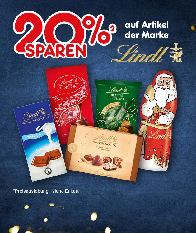Die Grafik zeigt eine Netto-Aktion. Oben links steht in gro&szlig;en roten Buchstaben &bdquo;Zwanzig Prozent sparen&ldquo;, daneben der Hinweis &bdquo;auf Artikel der Marke Lindt&ldquo; mit dem goldenen Lindt-Logo. Im Hintergrund ist ein dunkelblauer Untergrund mit kleinen Lichtern zu sehen. In der Mitte sind verschiedene Lindt-Produkte abgebildet, darunter Lindt Vollmilchschokolade, Lindor-Kugeln, Bl&auml;tterkrokant, Pralin&eacute;s Nougat und eine weihnachtliche Lindt-Verpackung. Unten links steht der Hinweis &bdquo;Preisauslobung &ndash; siehe Etikett&ldquo;. In der Mitte unten ist ein wei&szlig;es Feld mit rotem Rand und dem Text &bdquo;Weitere Sparangebote entdecken&ldquo;, der zum Klicken einl&auml;dt.