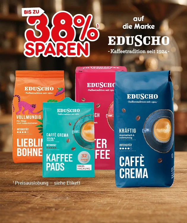Diese Grafik zeigt auf Wohnraumhintergrund mit Holztisch Kaffeeprodukte der Marke Eduscho. Der Text lautet: &bdquo;Bis zu achtunddrei&szlig;ig Prozent sparen auf Artikel der Marke Eduscho&ldquo; sowie &bdquo;Kaffeetradition seit eintausendneunhundertvierundzwanzig&ldquo;. Abgebildet sind die Produkte Vollmundig Liebingsbohnen, Caff&egrave; Crema Kaffee-Pads und Filter Kaffee. Der Hinweis lautet: &bdquo;Preisauslobung &ndash; siehe Etikett.&ldquo; Unten l&auml;dt ein Button &bdquo;Weitere Sparangebote entdecken&ldquo; zum Klicken ein.