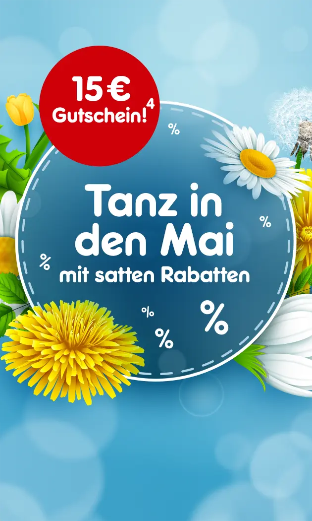 Tanz in den Mai mit satten Rabatten und 15&euro; Gutschein bei Netto-Online mit Hochzahl 4, der auf die rechtlichen Hinweise verweist.
