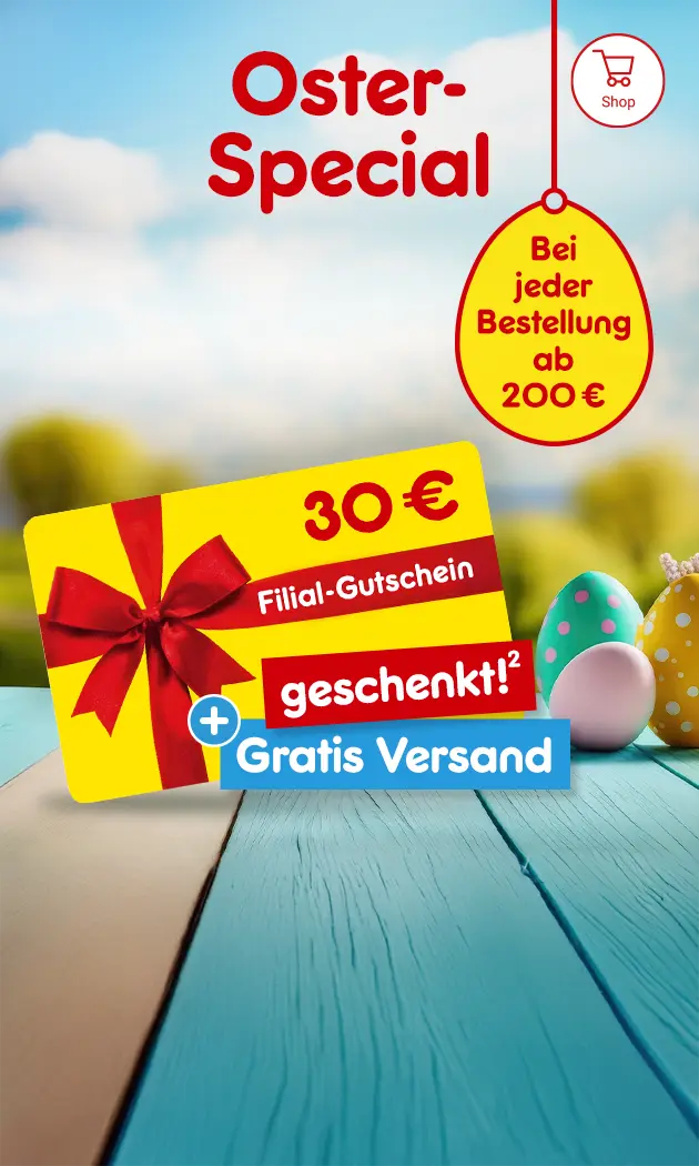 30 Euro Filial Gutschein mit Hoch 2, die auf einen Rechtstext verweist.