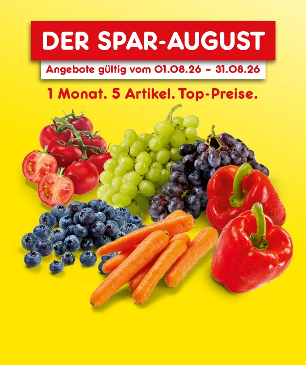 Diese Grafik zeigt auf gelbem Hintergrund die &Uuml;berschrift &bdquo;Der Spar-August&ldquo;. Darunter steht: &bdquo;Angebote g&uuml;ltig vom ersten achten sechsundzwanzig bis einunddrei&szlig;igsten achten sechsundzwanzig&ldquo; sowie &bdquo;ein Monat, f&uuml;nf Artikel, Top-Preise&ldquo;. Abgebildet sind Tomaten, gr&uuml;ne Trauben, dunkle Trauben, Heidelbeeren, Karotten und rote Paprika. Unten befindet sich ein wei&szlig;er Button mit roter Umrandung und dem Text "Jetzt Angebote entdecken", der zum Klicken einl&auml;dt.