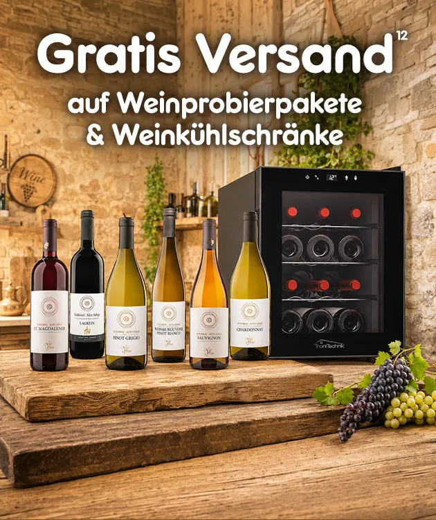 Gratis Versand auf Weink&uuml;hlschr&auml;nke & Weinprobierpakete bei Netto Online, mit Hochzahl 12 die auf rechtliche Hinweise verweist.