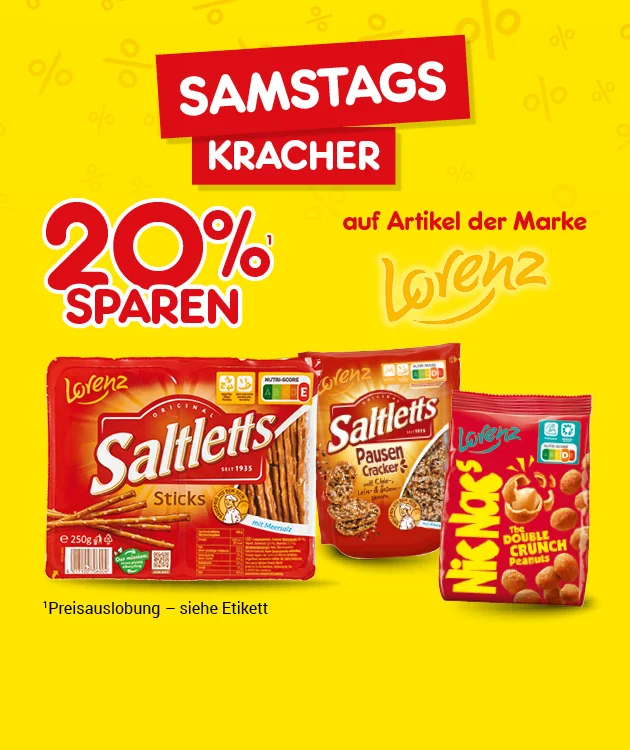 Diese Grafik zeigt auf einer Holzfl&auml;che vor unscharfem Hintergrund mit Lichtern den Schriftzug "Samstagskracher" und den Text &bdquo;zwanzig Prozent sparen auf Artikel der Marke Lorenz&ldquo; sowie mehrere Snack-Produkte der Marke Lorenz, darunter Saltletts Pausen Cracker, Saltletts Sticks und NicNac&rsquo;s. Unten steht in kleiner Schrift &bdquo;Preisauslobung &ndash; siehe Etikett&ldquo;. Unten befindet sich ein Button mit &bdquo;Weitere Kracher-Angebote&ldquo;, der zum Klicken einl&auml;dt.