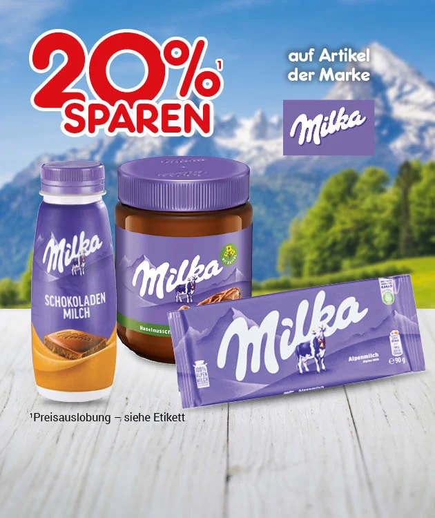 Diese Grafik zeigt auf einem Hintergrund mit blauem Himmel, gr&uuml;nen B&auml;umen und schneebedeckten Bergen eine Milka-Darstellung mit gro&szlig;em rotem Schriftzug &bdquo;zwanzig Prozent sparen&ldquo; und dem Hinweis &bdquo;auf Artikel der Marke Milka&ldquo;. Darunter ist das Milka-Logo zu sehen. Abgebildet sind eine Flasche &bdquo;Milka Schokoladen Milch&ldquo;, eine lila verpackte Milka-Schokolade mit einer Milchkanne als Motiv und ein Glas Milka-Creme mit Haseln&uuml;ssen. Unten links steht als Sternchentext &bdquo;Preisauslobung &ndash; siehe Etikett&ldquo;. Ganz unten befindet sich ein wei&szlig;er Button mit rotem Rand und roter Schrift &bdquo;Weitere Sparangebote entdecken&ldquo;, der zum Klicken einl&auml;dt.
